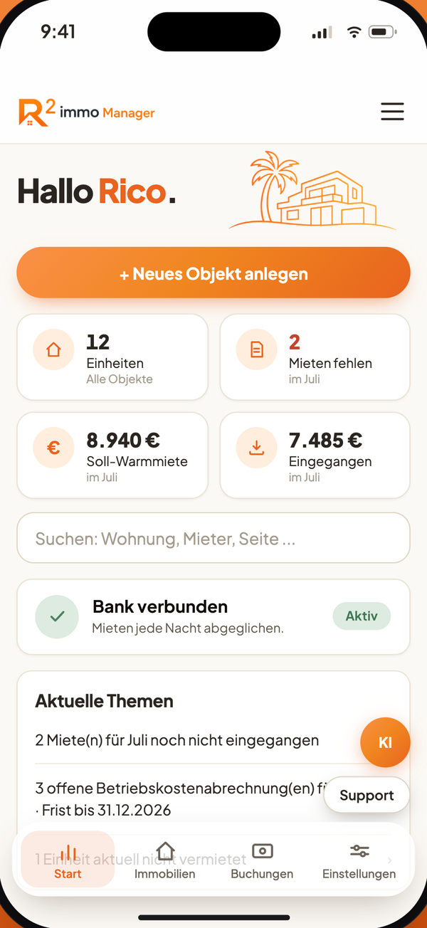 R2Immo Manager App: Dashboard mit Mieteingängen und Vorgängen